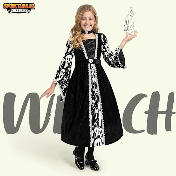 Heksekostume til piger, sort kjole med mørkt hekseprint til pigers halloweenkostumer og rollespil Small (5-7 år)