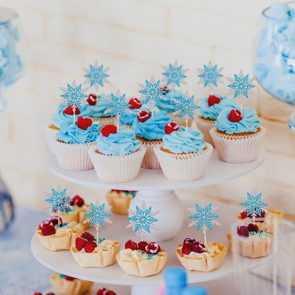24 stk. Snøfnugg Cupcake Toppers Dobbeltlag Sølv Blå Vintertema Cupcake Picks for Babyshower Barnebursdag Julefest