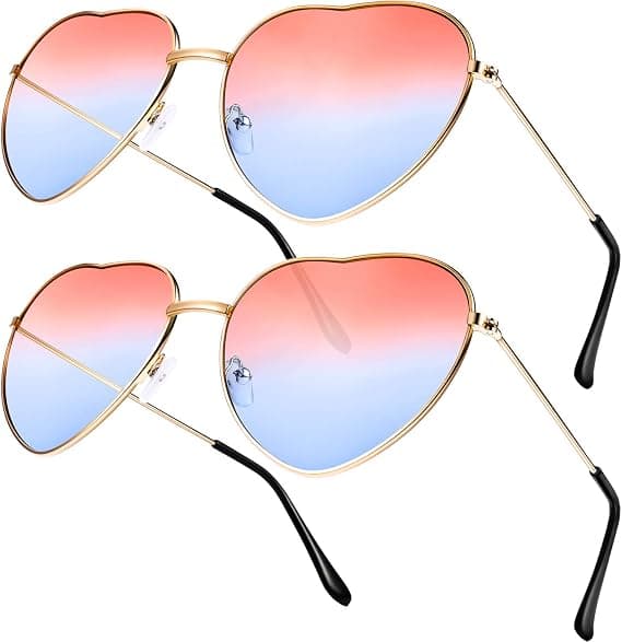 2 par briller Hjerteformede solbriller til Hippie Fancy Dress Accessory, Rose Gold Frame (Gradient Pink til Blue Lens)