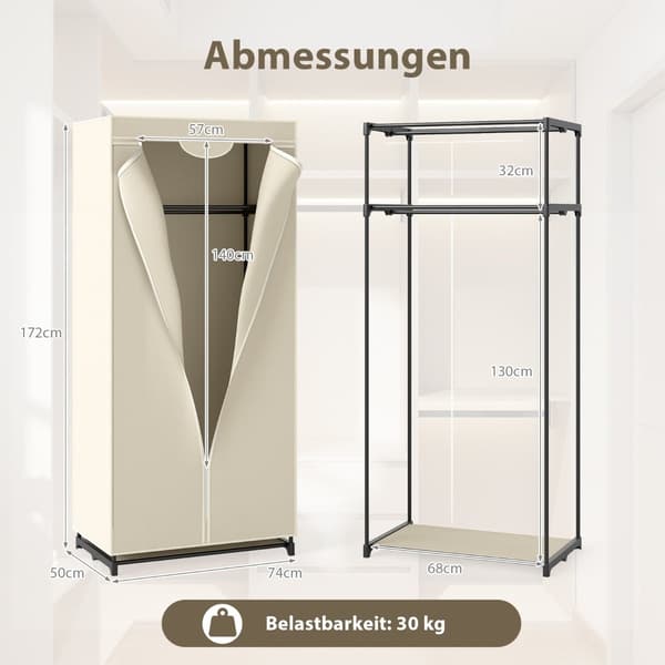 Stoffgarderobe med stang og hyller, beige, 75x50x170 cm