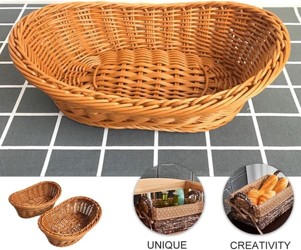 2 st Imitation Rotting Flätade Brödkorgar Poly Wicker Fruktkorgar för Matservering Display Grönsaker Hem Kök Restaurang Utomhus Brun L