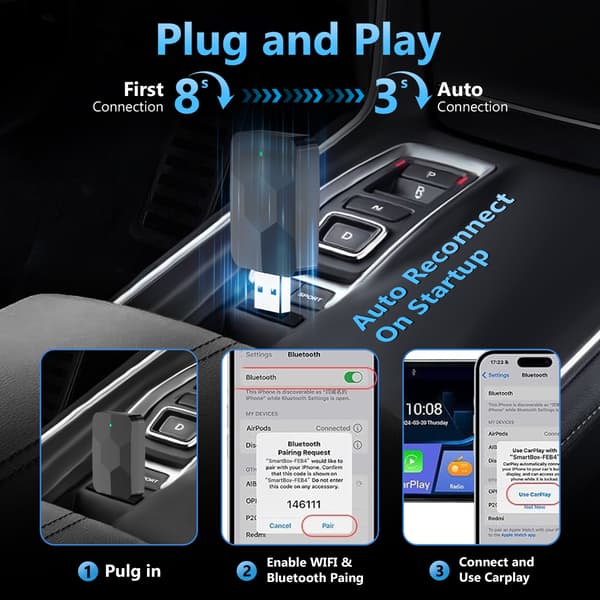Wireless CarPlay-adapter, 2-i-1 Plug And Play, kompatibel med CarPlay och Android Auto