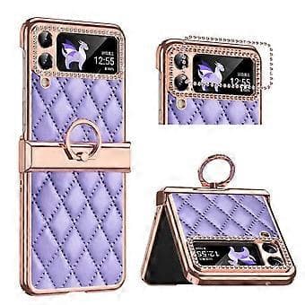 Rhinestone Case Compatible with Samsung Galaxy Z Flip 4, PU Leather Case with Hinge Protection and Ring Holder