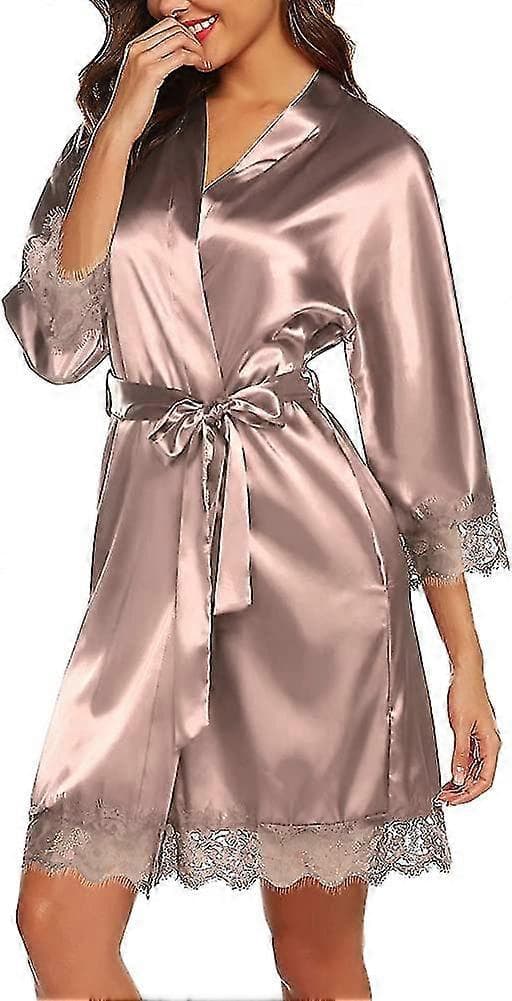 Satinmorgonrock för damer, sned V-ringad kort kimonomorgonrock, brudtärnemorgonrock Acsergery-gåva
