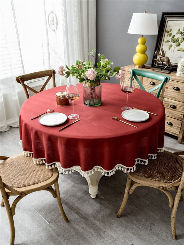 Simple Round Cotton Linen Tablecloth with Fringes, 160 cm