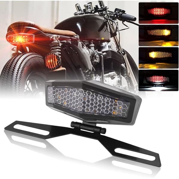 Universal motorcykel LED baglygte med nummerpladeholder, integrerede blinklys og bremselys.