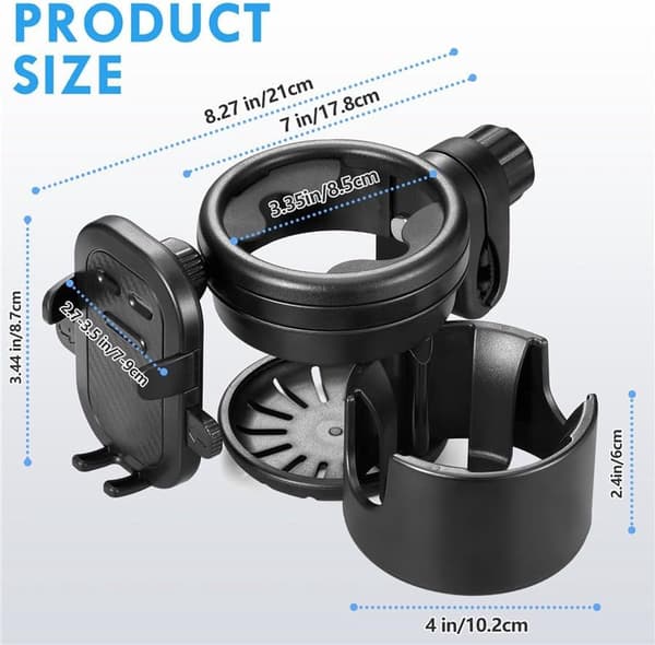 Stroller Cup Holder with Phone Holder, 3-in-1, 360° Rotatable, for Stroller, Bicycle, and Wheelchair