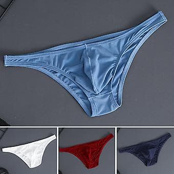 Men's Briefs Ice Silk Thin Stripe Solid Color U Convex Inside Wear Sexy Quick Dry Thong Underwear (XL Blue)