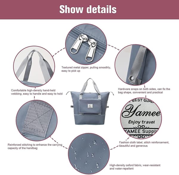 Large Foldable Travel Bag, Lightweight and Waterproof Carry-on with Fixed Strap, Dry and Wet Separation Foldable Travel Blue blue
