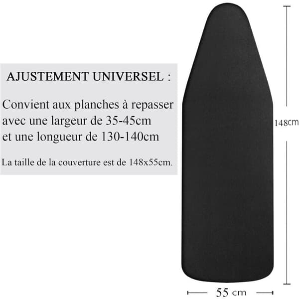 Ironing Board Cover 148x55cm, Extra Large with 100% Cotton Top Thick Padding, Scorch Resistant Easy to Install (XXL, Black)