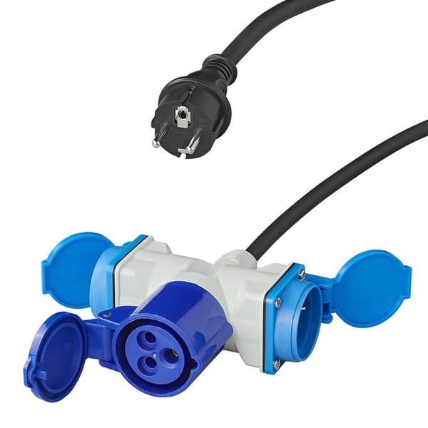 Adapterkabel 150cm 3x2,5mm² fra Schuko-plugg til 1xCEE + 2xSchuko-uttak