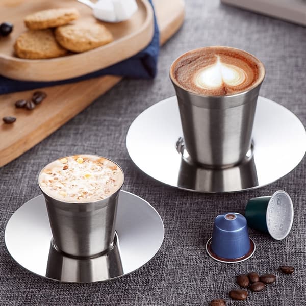 Dobbeltvæggede espressokopper i rustfrit stål, sæt med 2, 304 stål, isolerede 86 ml kaffekopper til hjem, kontor, rejser, sølv