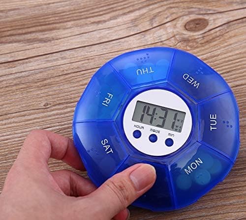 1 stk (blå) pilleboks med timer, pilleboks med alarm, 5 vekkerklokker