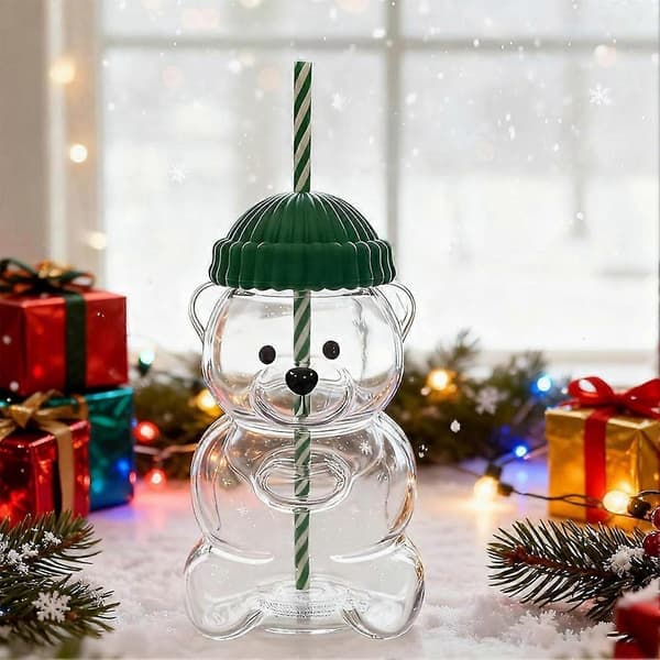 2025 Bear Straw Cup - Cute Bear Glass Mug with Straw 47 cl, Cute Mugs, 1 Large-FA-