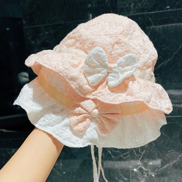 Rosa 1 st Spetsbåge sommar baby flicka hatt Bomulls solhatt Nyfödd baby hatt