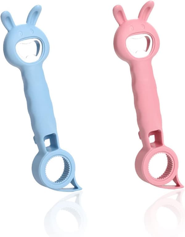 2 kaninformede flaskeåpnere (rosa, blå), søt boksåpner