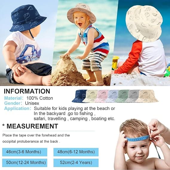 Solhatt Barn Sommar Bucket Hat UPF 50+ Fällbar Strandhatt med Justerbar Hakrem för 1-2 År Gammal (2 Pack)