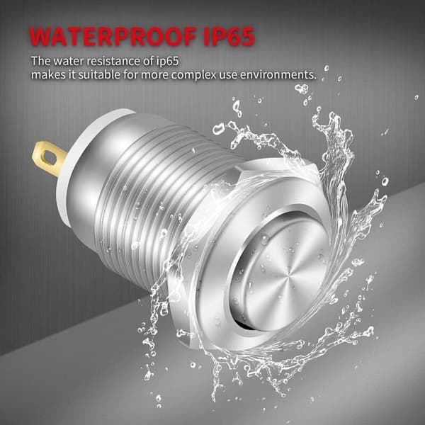 12mm Waterproof Momentary Push Button Metal Push Buttons SPST NO Momentary Button 2A 12V/24V/125V/250V 5-pack (High Head) -