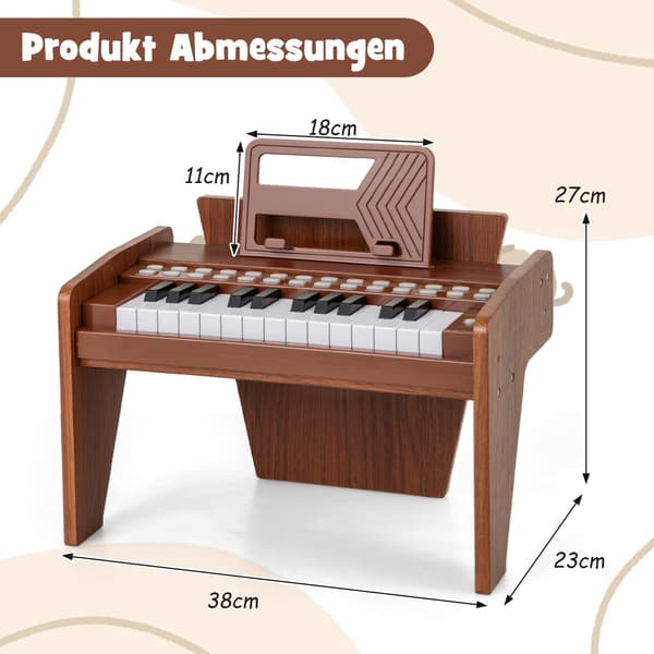 Digitalpiano til børn med 25 tangenter - justerbar hastighed, brun