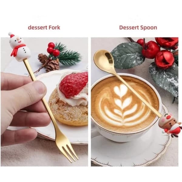 6-delers julebestikk i rustfritt stål - Kreative skjeer og gafler til dessert og kaffe, A