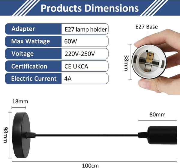 2-pack Metall E27 Pendellampor (Svart), 100cm Justerbar Kabel