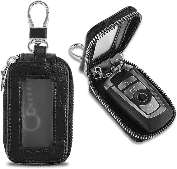 Leather Keychain for Car Keys, Universal Premium Key Protection with Zipper, Leather Case Keychain with Metal Hook