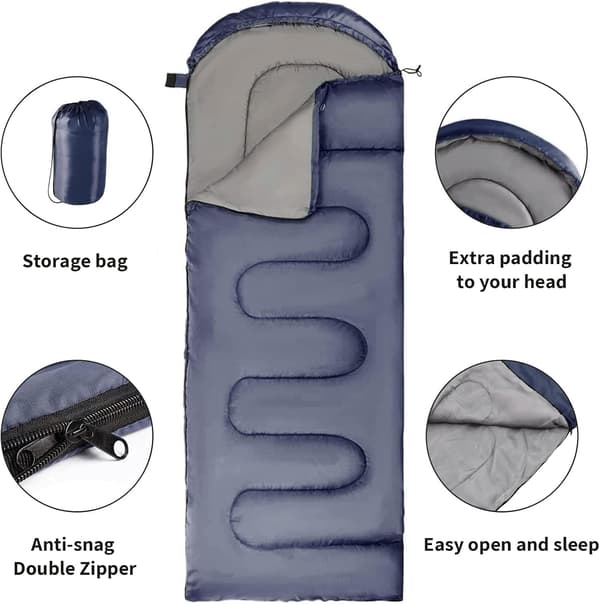 Sleeping Bag with Hood, 3 Season Waterproof Warm Lightweight Rectangular Envelope Camping Sleeping Bag for Adults Camping Navy Blue Navy Blue