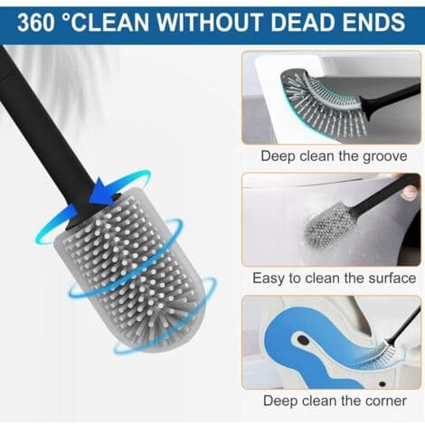 Silicone Toilet Brush with Wall Mount - 3-in-1 Head for Deep Cleaning - Removable Three-Layer Base - Drill-Free Installation