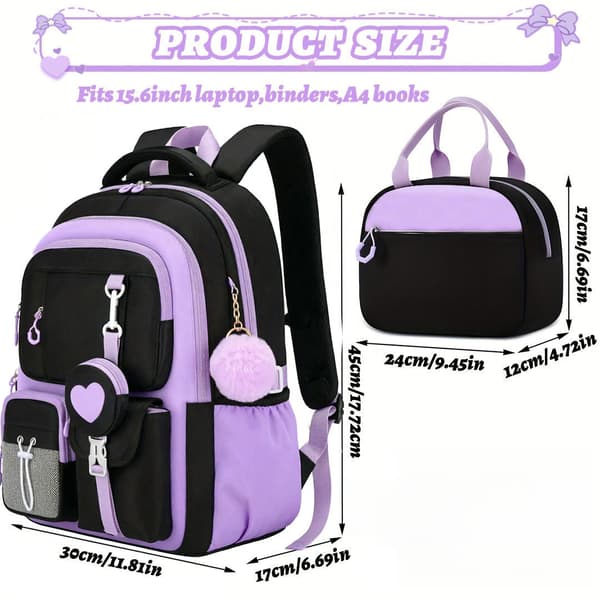 School Bag, 2-piece Backpack Set, with Lunch Bag (Black-Pink)