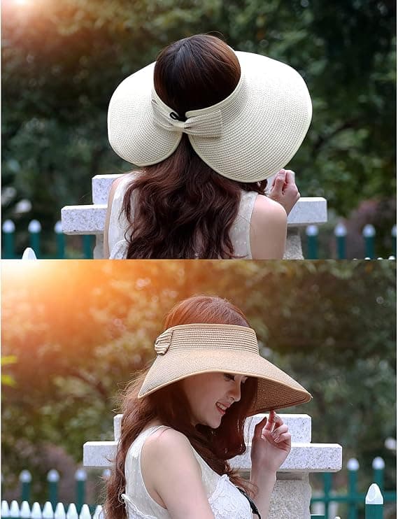 Kvinders bredskyggede stråsolhat, foldbar hat, strandhat med hestehale og opbevaringspose, sommer, sort, hvid, beige (2-pak)