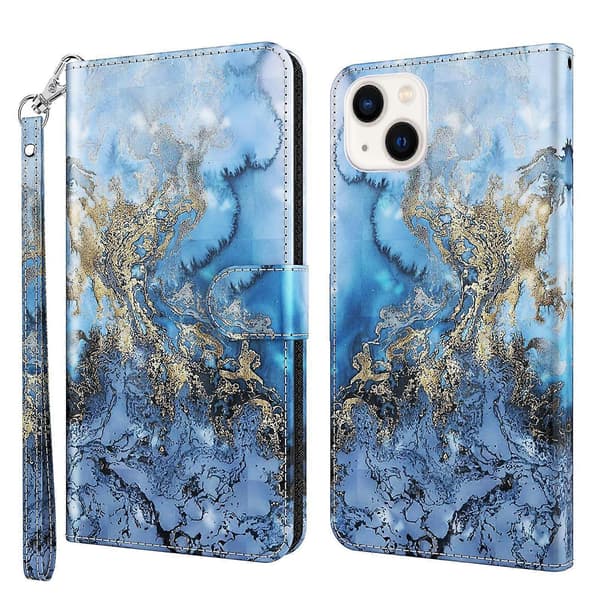 For iPhone 14 Plus 3D malt mønster flip-skinntelefonveske (gullsommerfugler)