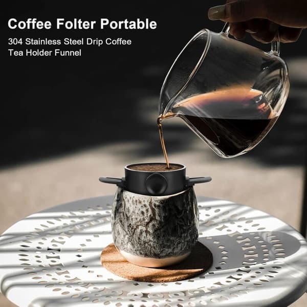 Reusable Stainless Steel Coffee Filter, Foldable Stand, Compatible with Home, Office, Travel, and Camping