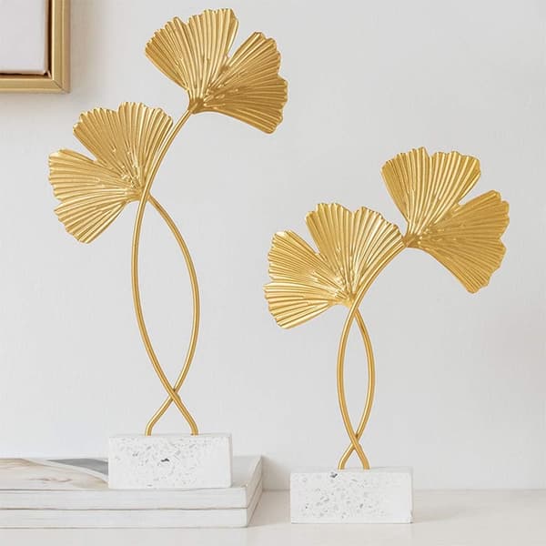 Ginkgo blad dekorasjon i gull, utendørs stue hage metall dekorasjon moderne skulptur tilbehør 1 stk, gull 28 cm