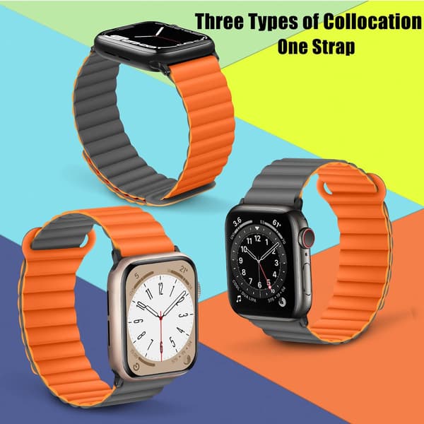 Kompatibel med Apple Watch Rem 49mm 45mm 44mm 42mm, Dobbeltsidet Bærbart Magnetisk Silikonebånd (Grå Orange)