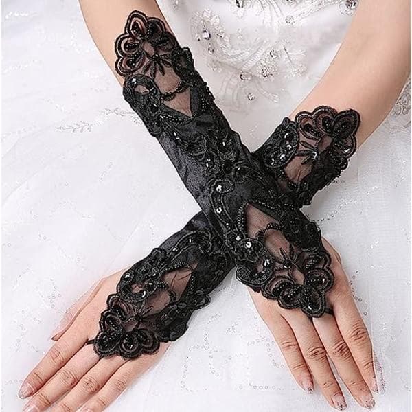 1 par blonde satin paillet brude fingerløse handsker (sort), en størrelse