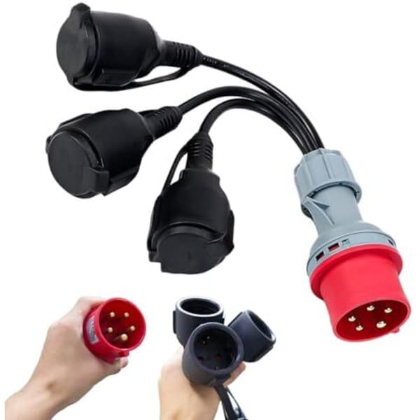 Høystrøms CEE-adapter 400V 16A til 3x 230V med hengslet lokk Sikkerhetskontakt for campingvogner Industri Anlegg