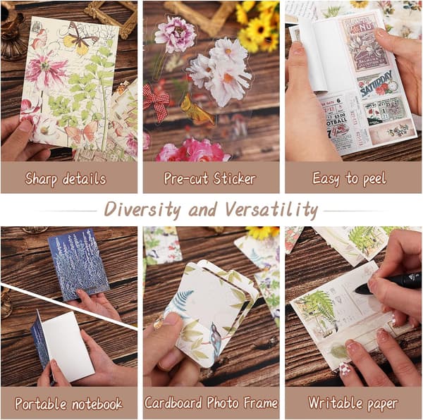 Plant Scrapbooking Kit, Junk Journal Kit with Washi Tape, Stickers, A6 Notebook, Botanical Bullet Jo