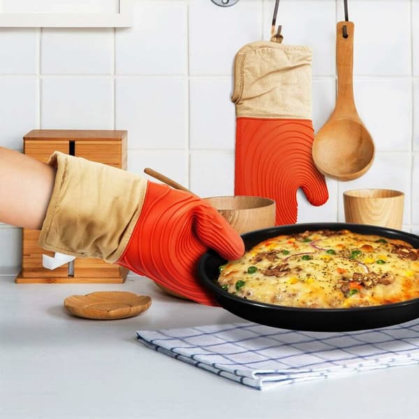 1 Pair Oven Mitts Heat Resistant Silicone Oven Gloves for BBQ Kitchen Grilling Baking Microwave Grill Orange