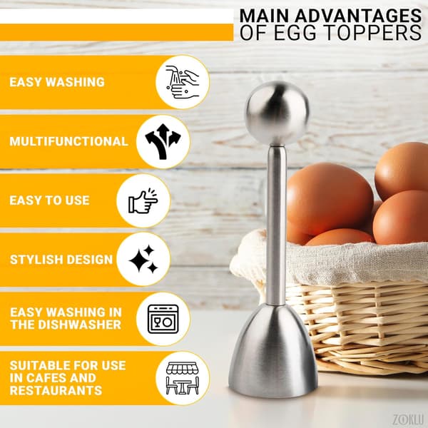 Eggeskallåpner, 2 stk eggeglass for bløtkokte og hardkokte egg med 2 stk skjeer, konstruksjon i rustfritt stål, passer de fleste eggstørrelser