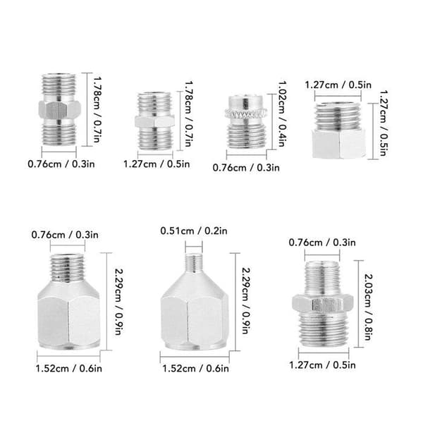 7 stk. Airbrush-adaptere – Lynkoblinger i rustfrit stål 1/8\" 1/4\" – Intet trykfald – til makeupartister