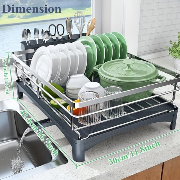 304 Stainless Steel Dish Rack 360° Rotating, Automatic Drainage Large Capacity Drying Rack with Cutlery Holder