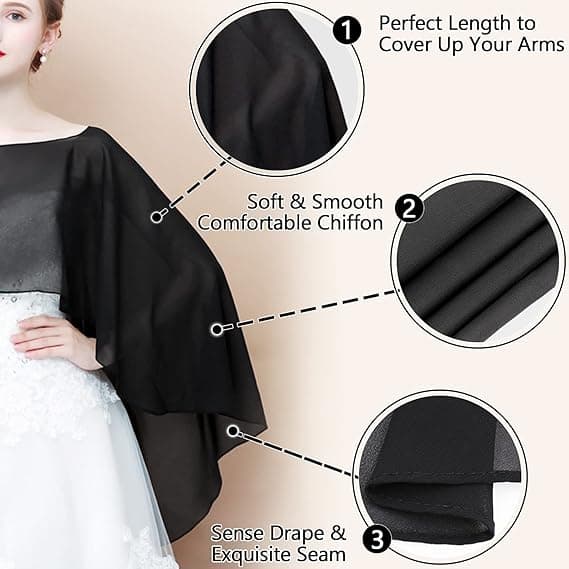Gennemsigtige chiffon-capes, bløde capelets til kvinder, lette sjaler og omslag til aftenkjoler, sort