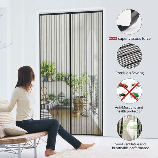 Black Magnetic Mosquito Net Door 140x240cm Fly Screen Curtain with Adhesive Strip, Automatic Closure, Ultra-fine Mesh, Installation