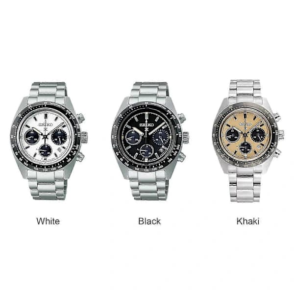 The 2025 Seiko watch features a stainless steel strap, a white dial, and a black dial, making it suitable for everyday use.