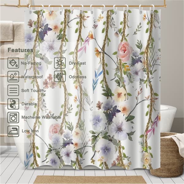 Baderomsgardiner, Gårdsfugler og Blomstermønster Polyester Baderomstilbehør for Badekar 180x180cm