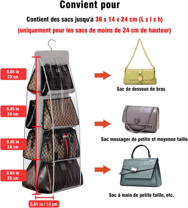 Hanging Storage Rack for Handbags, 8 Compartment Hanging Handbag Organizer Oxf