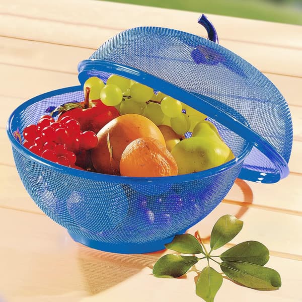 Apple-shaped fruit basket with net and lid, vegetable table holder, keeps unwanted pets and insects away, dish drying basket for kitchen Blue Blue
