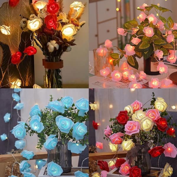 LED Rose String Lights for Bedroom Decoration, 3 Meters with 20 Warm White Roses, Battery Operated