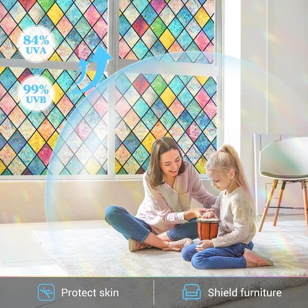 Window Film, Colorful Grid Window Sticker, 3D Sun-Blocking Window Film (30cm x 100cm)