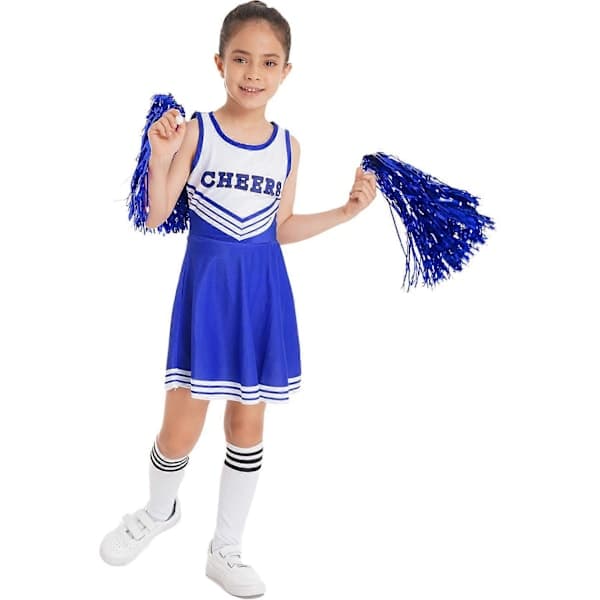 Flickor Cheerleading Uniform Dansdräkt Barn Cheerleader Outfit Rund Hals Patchwork Stil Dansklänning Blomma och Strumpor blå 7-8 År blue 7-8 Years